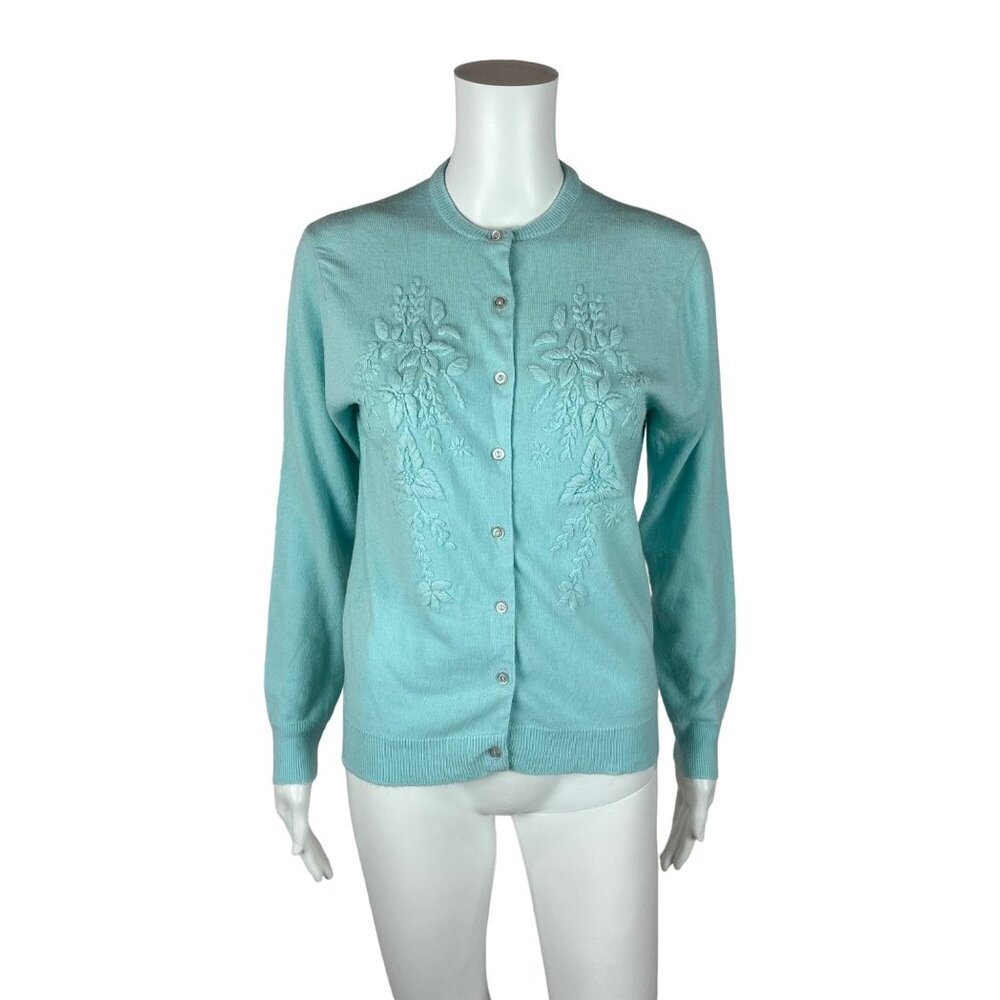 Vintage 60s Floral Cardigan Women's Medium Blue Embroidered Acrylic Sweater